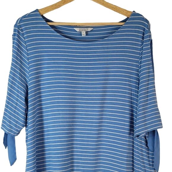 Ellen Tracy Company Stretchy Top Blue XXL White Stripe Cutout Sleeve Chiffon Hem - Picture 2 of 7